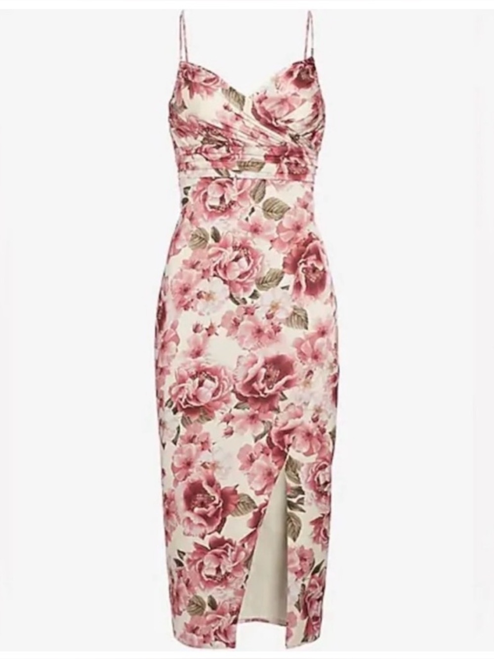 Express Floral Satin V-Neck Wrap Midi Dress
Color: Pink Print Size 0